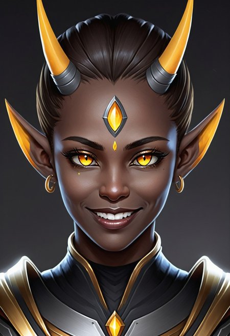 Te'kharoth, third eye, portrait, yellow eyes, horns, pointy ears, dark skin, smile, 1girl, solo, armor, necklace, tiara,