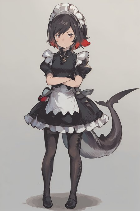 score_9, score_8_up, score_7_up, (masterpiece:1.4), (best quality:1.4), (Yoshida_Akihiko_PonyXL_style_v02.10.01:1.0), solo, 1girl, gray background, (chibi) ellenjoe, ellen joe, black hair, colored inner hair, multicolored hair, red eyes, red hair, short hair, two-tone hair, apron, black pantyhose, black shirt, black skirt, ear piercing, fins, fish tail, maid, maid apron, maid headdress, pantyhose, piercing, puffy short sleeves, puffy sleeves, shark girl, shark tail, shirt, short sleeves, skirt, tail, two-tone hair, wrist cuffs, stand, crossed arms, loafers, (Bravely Default Style), yoshida akihiko, blush, red eyes, <lora:pony\char\game\zzz\ellen-joe-ponyxl-lora-nochekaiser.safetensors>, <lora:pony\style\Yoshida_Akihiko_PonyXL_style_v02.10.01.safetensors>, <lora:styles\yoshida_akihiko_offset.safetensors>, <lora:styles\BravelyDefault.safetensors>, <checkpoint:[Pony] prefectPonyXL_v10.safetensors>, <checkpoint:[SD15] tfmCutesyAnime2_genesis.safetensors>, <checkpoint:[SD15] Anime_Sketchink.safetensors>