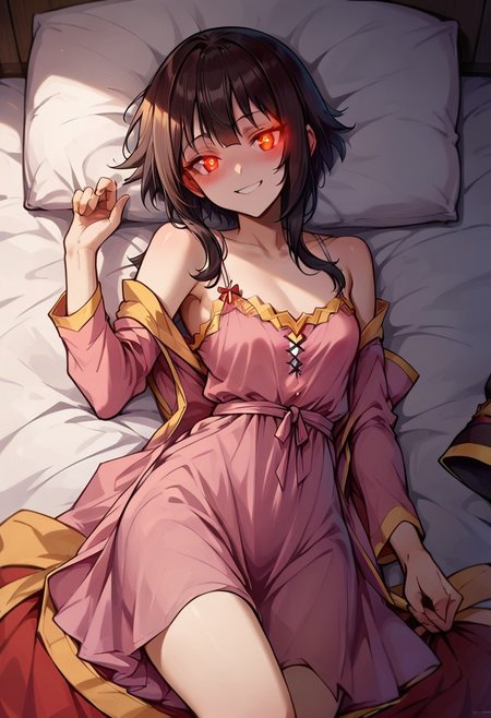 Megumin from konosuba lying in bed in a night gown. Soft smile, moonlit bed, looking at viewer, glowing eyes. 
score_9,score_8_up,score_7_up,score_6_up
