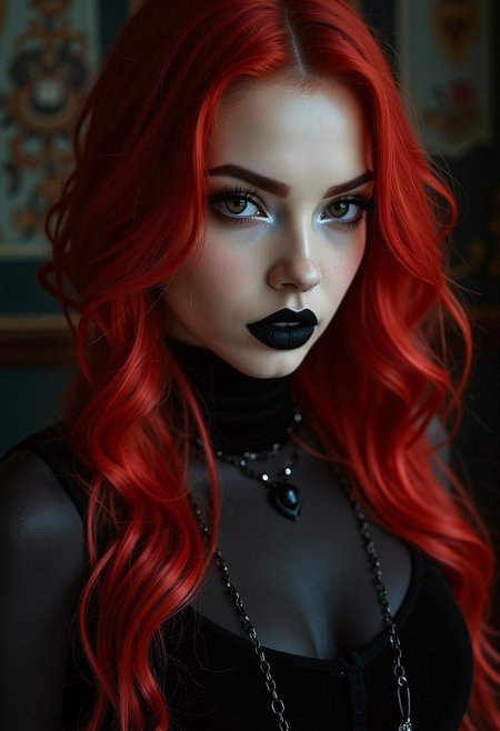 This is a highly detailed, hyper-realistic photograph featuring a striking woman with a dark, gothic aesthetic. She has long, wavy red hair that cascades down her back and shoulders, and her skin has a smooth, porcelain complexion. Her facial features are sharp and defined, with prominent cheekbones, a pointed chin, and a strong jawline.