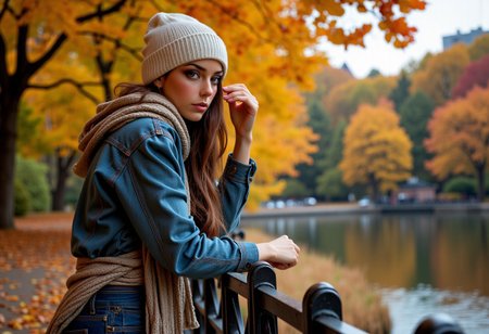 mythp0rt, A wide angle shot of beautiful woman with brown eyes, long brunette hair, choker, dark eyeshadow, wearing a white beanie, jean jacket and scarf with jeans leaning on a bridge railing overlooking the water, leaves falling, yellow_leaf, orange_leaf, autumn_leaf, red_leaf, semi realistic style, outdoors in a park, dramatic angle, masterpiece, best quality, highly detailed, sharp focus, dynamic lighting,