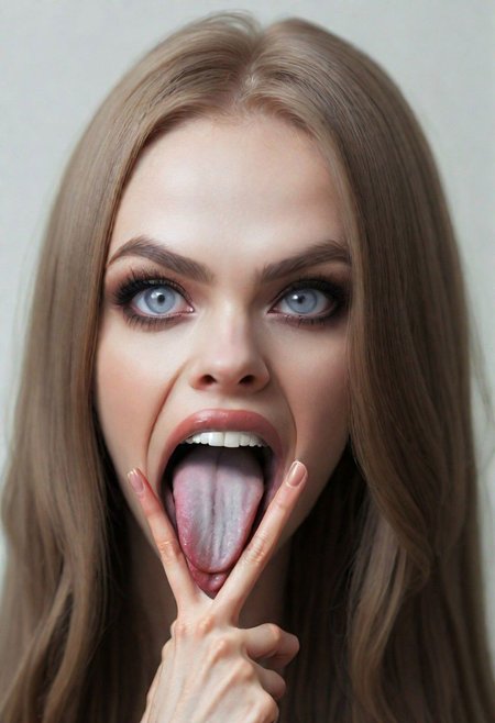 woman , long hair, pretty face, (V Fingers, Tongue out, Tongue between fingers)