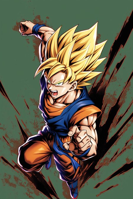 super saiyan,1boy,male focus,blonde hair,solo,green eyes,open mouth,dougi,super saiyan 1,spiked hair,son goku,white background,full body,<lora:Dragon Ball_XL:0.8>,