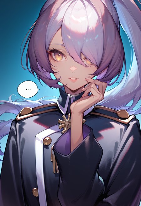 (score_9:0.9),score_8_up,score_7_up,anime style,rating_safe,(zPDXL),<lora:Sky striker ace - azalea ponyXL v2:0.86>,sky striker ace - azalea,black military uniform,1girl,solo,speech bubble,looking at viewer,upper body,parted lips,hand up,hand on own chin,