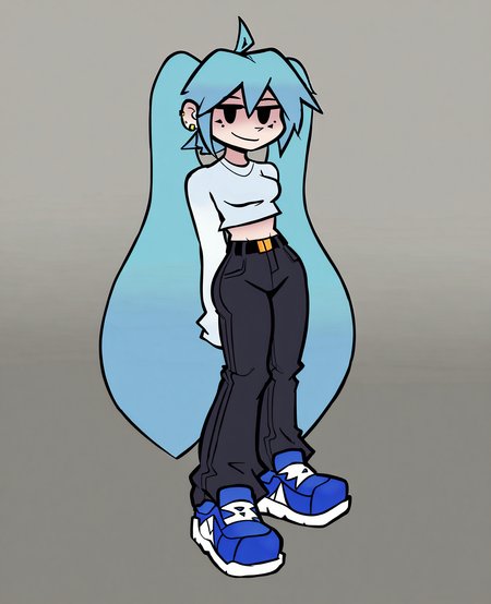 <lora:17bucks_Style_Illustrious-000019:1.0>, 17bucks, gradient color, 2d, masterpiece, absurdres, high quality, 1girl, blue hair, very long hair, hatsune miku, black eyes, blue midriff, medium breats, earrings, black pants, belt, blue shoes, looking at viewer, smile,