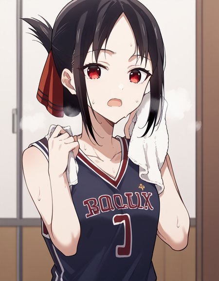 score_9, score_8_up, score_7_up, source_anime, <lora:kaguya-shinomiya-s3-ponyxl-lora-nochekaiser:1>, kaguya shinomiya, short hair, bangs, black hair, red eyes, hair ribbon, sidelocks, folded ponytail, parted bangs,, <lora:basketball-uniform-ponyxl-lora-nochekaiser:1> basketball uniform, basketball jersery, sportswear, jersey, shorts, sleeveless,, audience, gym, sweat, open mouth, steam, <lora:wiping-towel-ponyxl-lora-nochekaiser:1> wiping sweat, towel, holding, sweat, holding towel, looking at viewer, open mouth,, cowboy shot,