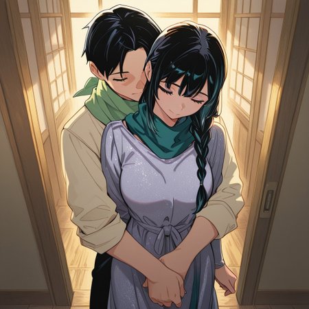 highres,ultra-detailed,illustration,colorful,masterpiece,extremely detailed,8k , manga art style , single panel , (1girl ,silver braided hair, flowing teal dress) , (1boy ,black hair, ivory shirt,  green scarf) , boy embraces girl gently from behind , indoors , kisses neck , soft lighting