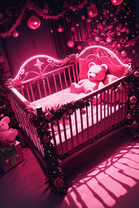 realistic shading, dim lighting, pink theme, dacrib, christmas-crib focus, dacrib_christmas ornaments, no humans, giant teddy bear, plushie, stuffed toy, indoors, dark environment, fantasy, dutch angle, dynamic angle, intricately detailed illustration, masterpiece, best quality, amazing quality, very aesthetic, absurdres, newest