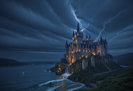 Stable_Yogis_PDXL_Positives, masterpiece,best quality,amazing quality,very aesthetic,high resolution,ultra-detailed,absurdres,newest, outdoors, mw01out, mwl01, castle, castle on the edge of a cliff, white walls, purple turrets, nighttime, night, thunderstorm in the distance, thunderclouds, overlooking the ocean, stormy