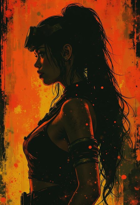 Silhouette Art, breathtaking detailed, masterpiece, awe-inspiring, radiant, magnificent. (all dark hues and fine vibrant orange glowing smoldering accent and shiny silver color scheme:1.02). glossy. stunning oriental woman, long hair, samurai helment, red leather samurai armour