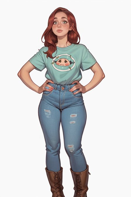 <lora:RealMix1:1>, score_9, score_8_up, score_7_up, score_6_up, score_5_up, rating_questionable, source cartoon
1girl, pretty face, pretty eyes, detailed eyes, HD eyes, thick thighs
hands on hips, standing, cowboy shot
looking at viewer, blush, eyebrows, long hair, red hair, green eyes jeans, green t-shirt, boots, high waisted jeans
simple background, white background