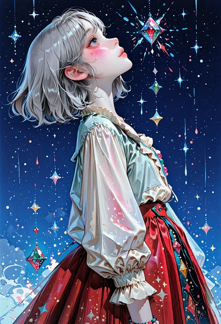 masterpiece, best quality, amazing quality, 1girl, solo, short hair, shirt, skirt, long sleeves, grey hair, cowboy shot, frills, puffy sleeves, from side, profile, red skirt, blue background, looking up, gem, star \(sky\), pale skin, puffy long sleeves, beads, Karinami Inkblush mode,thick ink outlines,soft marker gradients,era 2020s indie illustration,(Inkblush style:1.2), 
<lora:DetailedEyes_V3:1> <lora:USNR_STYLE_ILL_V1_lokr3:0.45> usnr <lora:ponyv6_noobV1_2_adamW:0.9> <lora:GENESIS_MK0.2:0.5>  <lora:KoreanStyleSDXLvpred10:1> AiKoreanStyle, lips, korean, asian <lora:KRGRL-IL:1>