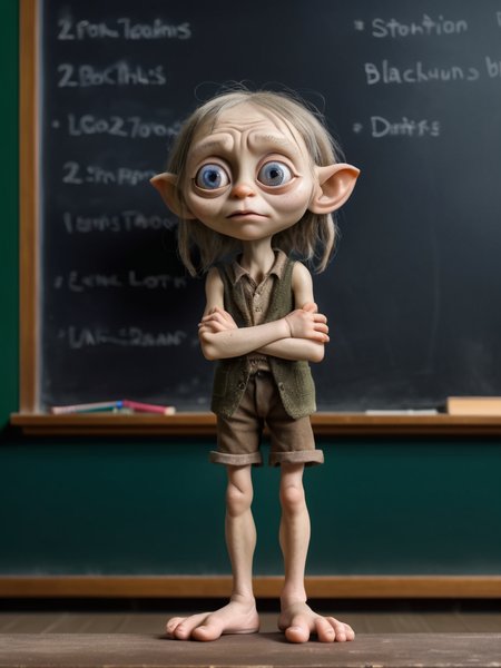gollum as teacher, classroom, standing at the blackboard, cinematic, high quality detailed photo