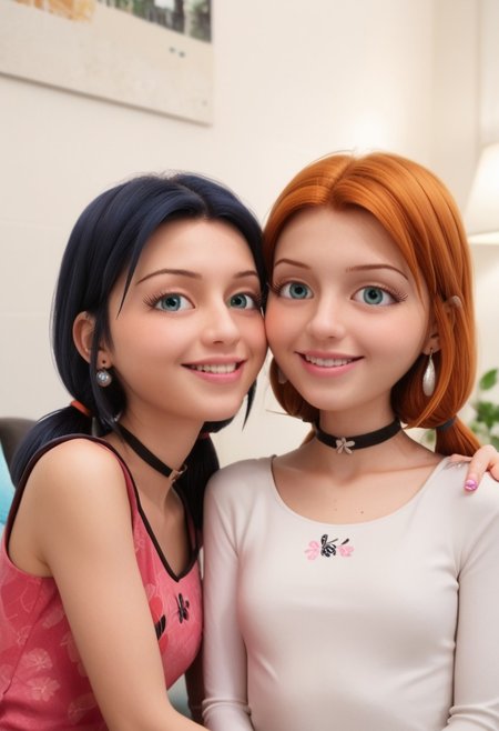 score_9, score_8_up, score_7_up, score_6_up, 
2girls, sitting together, on a couch, (leaning against each other, head on shoulder, cheek to cheek:1.4),
1girl, Sabrina Raincomprix, long hair, orange hair, green eyes, fair skin, earrings, white blouse, choker, 
1girl, Marinette Dupain-Cheng, long hair, bright bluebell eyes, black hair, twin tails, earrings, red blouse, choker, 
perfect eyes, real skin, amateur, photo, solo, perfect face, perfect eyes, sexy, beautiful eyes, petite body, 
masterpiece, best quality, amazing quality, 
heavy blush, thick dark eyelashes, tiny body,
(skinny girl), on a couch, family home, living room, wall pictures, plants,
blurry background, lot of people in background, shy expression, depth of field, volumetric lighting, biting lips, vibrant colors, intricate details, 
smiling, teeth, arms crossed, close up on face, real skin,