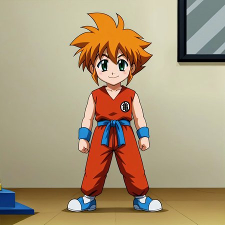 source_anime,anime screencap, anime coloring,intricate details,rating_safe, masterpiece, best quality, (best quality, absurd res, ultra detailed), ((solo)), good eyes,perf <lora:Yu_Tendo:0.9> ((yu_tendo, 1boy, orange hair, green eyes, smile,)) <lora:gokudb_pony_v3:0.5>  (clothes writing, blue footwear, dougi, monkey tail, white legwear, symbol, red topwear, red pants, print topwear, blue wristband, blue sash, sleeveless, socks, shoes,nyoibo, weapon on back,)), ((tournament, tournament arena, world tournament, tenkaichi budokai)) <lora:intricate_details:1.4> intricate_details_xl