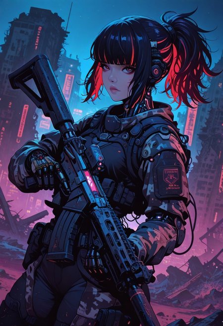 <lora:ck-nc-cyberpunk-IL-000011:0.4>, masterpiece, best quality, good quality, very aesthetic, absurdres, newest, 8K, depth of field, focused subject,
dynamic angle, side view, action shot, 1girl, cyberpunk cyborg, looking at viewer, fierce look, (camouflage glowing hair:1.2), black hair, red highlights in hair, ponytail hair, bangs, the cyborg is very sinister and dangerous, cross_draw, AR15 rifle, assault rifle, rifle_draw, one_hand_on_trigger, trigger discipline, black desert, arid environment, city, ruins, nightvision, at night,
