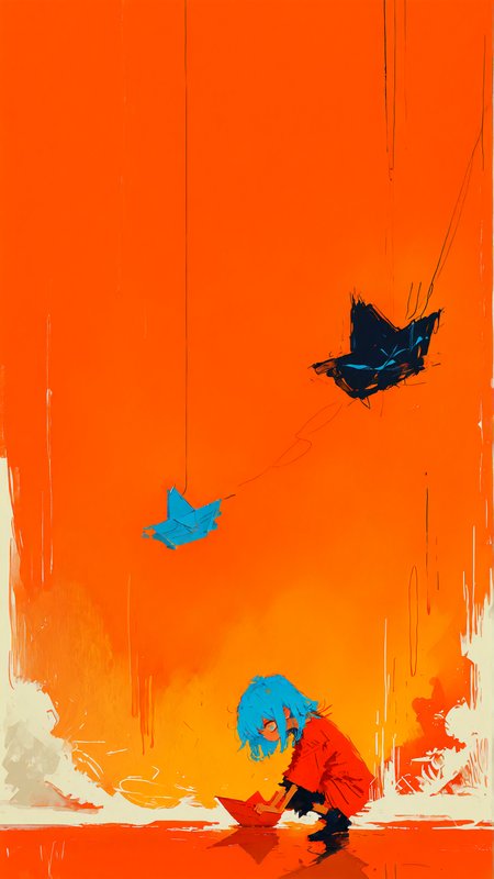 masterpiece, newest,absurdres,incredibly absurdres, best quality, amazing quality, very aesthetic, retro artstyle, abstract, orange theme,
1girl, blue hair, paper boat, child's drawing, 
<lora:XXX477:0.6> xxx667_illu, <lora:ka_marukogedago:0.6> k4_illu,  <lora:fuyumur4s4ki_style:1> fuyumur4s4ki_illu