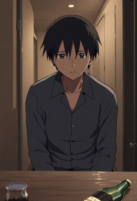 Highres, Masterpiece, High Quality, 4K, 8K, solo, 1Boy, Takaki Toono, adult, black hair, short hair, Sad, share, deep talk, hotel room, dim weather, sitting, weak, facing viewer, complicated, anxious, empty alcohol bottle, self torture, alone, lost, hopeless, hearthless, helpless, easynegative, detailed_eye_model