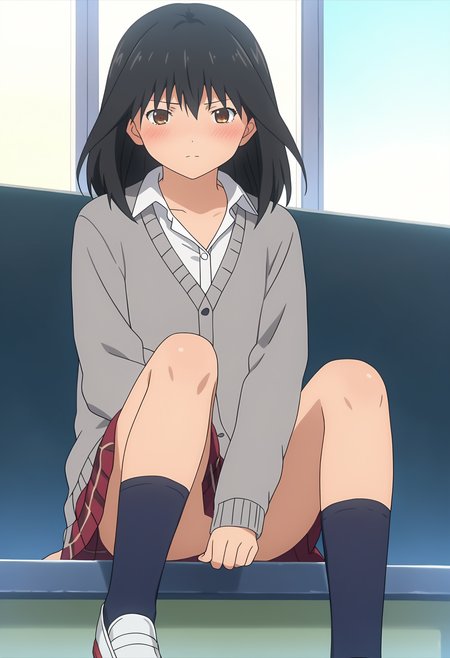 score_9, score_8_up, score_7_up, source_anime, 
BREAK
1girl, solo, anime screencap, anime coloring, 
<lora:shiMisakiV1:1.0> misdef, black hair, brown eyes, long hair, 
white shirt, collared shirt, dress shirt, 
school uniform,  grey cardigan, pleated skirt, plaid skirt, 
black socks, shoes, 
looking at viewer, closed mouth, blush,