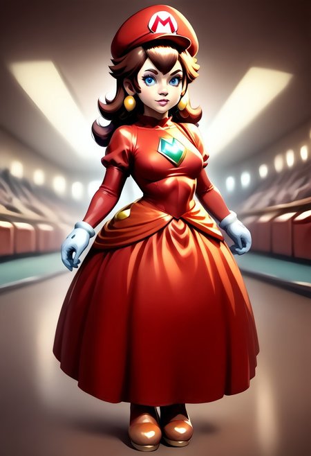 <lora:MtF_Genderswap:1>, genderswap \(mtf\), Mario, facing forward, mario hat, adult woman, extremely large nose, extremely bulbous nose, very wide face, circular head shape, wide chin, wide jawline, brown hair, lightly curly hair, blue eyes, average bust, wide hips, super crown, princess dress, red dress with blue accents, fully clothed, zPDXL, score_9, score_8_up, score_7_up, score_6_up, score_5_up, score_4_up,
full body render, full body, photorealistic image, realistic image, high quality, detailed face, realistic human proportions, detailed clothes,