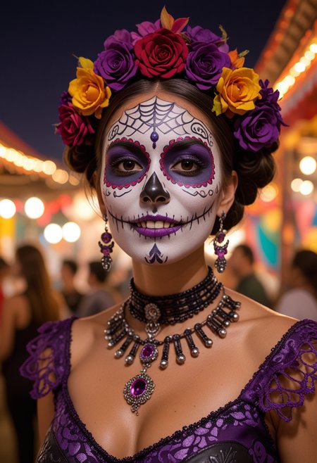 (medium full shot) of (iconic Catrina) young woman, wearing a deep purple high-neck dress with modern patterns, elaborate sugar skull face paint, beaded necklace, set at Dia de Muertos, in  a grand celebration, showcasing elaborate performances, vibrant decorations, rich foods, enthusiastic participants, and a festive spirit, at night, woman smiling, Masterpiece,best quality, photo, realistic, very aesthetic, detailed face,