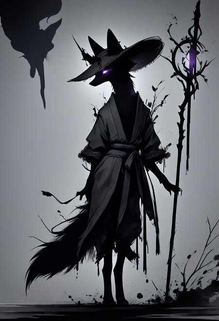 score_9,score_8_up,score_7_up,score_6_up,score_5_up,score_4_up, (((purple))), backlight colors, (silhouette:2), backlighting, rim lighting, glowing eyes, high contrast, vivid lighting, (((fox))), (solo), (solo:2), furry, (feral:1.5), forest, robe, wide-brim hat, (holding staff:1.2), fluffy tail, monochromemuse, monochrome, greyscale, rinotuna, dark aura