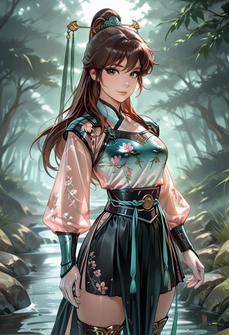 score_9, score_8_up, score_7_up, score_6_up, source_anime, , best quality, amazing quality, intricate detail, highly detailed, absurdres, 1girl, solfe female, beautiful detailed girl), Lu Lingqi, brown hair, brown eyes, long hair, high ponytail, headpiece, hanfu, long sleeves, hair ornament, floral print, see-through, feathers, armored dress, shoulder armor, breast plate, black skirt, thigh boots, armored boots, gloves, chinese armor, stream,, standing, cowboy shot,, looking at viewer, confident, proud, light background with soft lighting and subtle glow, ancient Chinese-inspired fashion, regal yet approachabledynamic angle, <lora:SmoothStyle_Omega:1>