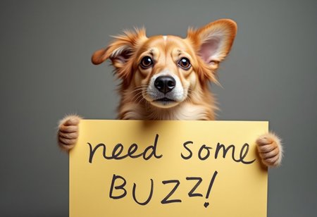 cute  dog  holding a sign say "need some buzz "
