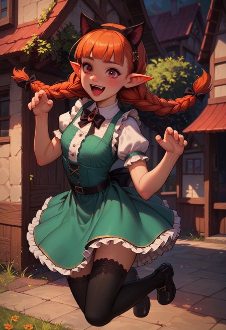 score_9_up, score_8_up, score_7_up, score_6_up, 1girl, 25 years old, perfect face, cute, petite, 
red eyes,
ginger hair, cat ears, braid, twin braids, fang, hair bow, pointy ears, blunt bangs, fang, detached collar,
black bow, green dress, frilled dress, frills, 
black thighhighs, 
excited, open mouth, jumping,  
village,