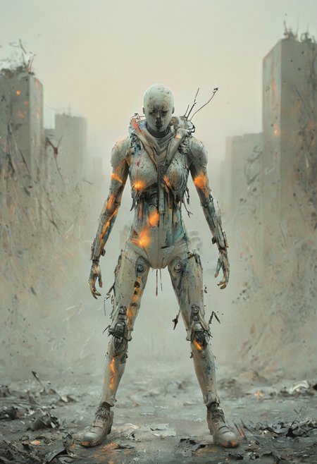a combat cyborg, damaged, looking at the sunset over a faraway distopian city, colorful, muted rusted eroded paint, looking defeated,