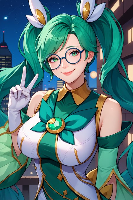 score_9, score_8_up, score_7_up, score_6_up, source_anime, 1girl, solo,  <lora:starguardiansona-pdxl-nvwls-v1-000005:1> stgdsna, twintails, green hair, very long hair, green eyes, hair ornament, glasses, magical girl, white and green shirt, bare shoulders, detached sleeves, white gloves, green skirt, large breasts, upper body, portrait, night sky, city, looking at you, smile, happy, peace sign, closed mouth