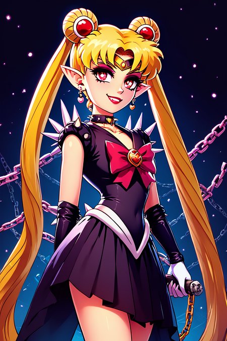 score_9, score_8_up, score_8,   BREAK, ,  ,,, <lora:CruelMoon_PDXL:1>, zzCruelMoon, long hair, twintails, tsukino usagi, blonde hair, jewelry, hair bun, double bun, sailor moon, very long hair, choker, chain, spikes, gothic, parted bangs, red eyes,  earrings, dress, makeup, holding, necklace, lipstick, black dress, pointy ears, night, ,,, , BREAK, smile, looking at viewer, ,,, abstract background, white outline, cowboy shot, ,,, embedding:zPDXL, Expressiveh, ,,, <lora:theOtherHalfPDXL:0.8>, <lora:CatalystStylePDXL:0.6>, <lora:SDXLFaeTastic2400:0.5>, <lora:Expressive_H-000001:0.4>,