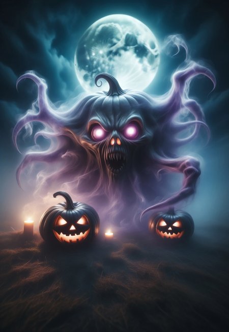 GhostlyStyle halloween scene in a creepy, dusk, nighttime village, under a full moon. The surroundings are adorned with elaborate jack o’ lanterns, casting a dim, eerie glow. A large (((eldritch horror monster))) with a (((screaming glowing purple jack o’lantern head))), having (((multiple tentacles and sharp claws arms))), is in hot pursuit of the children, who are dressed in (((spooky Halloween costumes))) and are running in a panic, with several other (((creepy glowing eyed monsters))) lurking in the background, all in a (hyperrealistic dynamic posture), reflecting a (cinematic, high-quality aesthetic) that blends seamlessly with the (hyperrealistic, detailed background) evoking a (Tim Burton-inspired atmosphere) complete with (perfectly drawn faces) with the children's expressions of fear and excitement (((8K, Ultra High Definition, Intricate details)))masterpiece, best quality
