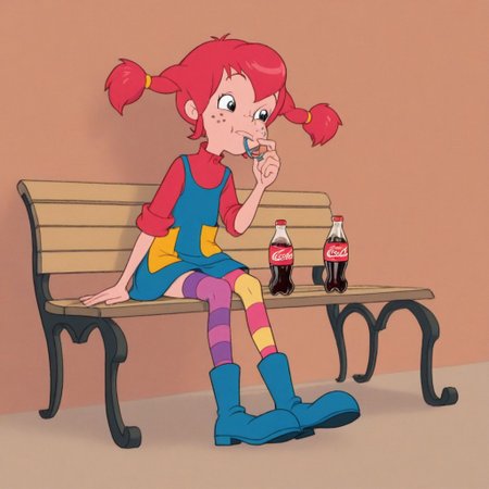 Pippi, 1girl, redhead, high pigtails with rubber bands, freckled face, short blue dress, yellow pocket on the dress, red t-shirt, long stockings of different colors and patterns, one stocking with yellow and pink stripes, another purple stocking with a yellow patch on the knee, big blue boots
Pippi sitting on a bench while drinking Coca-Cola