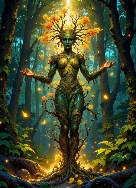 VibrantlySharp style,
animeniji,
3pic_vist4, Art style: fantasy eco-sci-fi fusion, painterly roots with metallic overlays
Composition: vertical full figure, centered, arms raised, vines spiraling outward in Fibonacci curve
Subject/Pose: humanoid deity with bark-textured skin, glowing sap veins, floral crown of fractal geometry
Background/Lighting: ancient forest lit by golden spores and floating pollen motes, canopy split by radiant beam of light from above
Mood: divine rebirth, serene grandeur