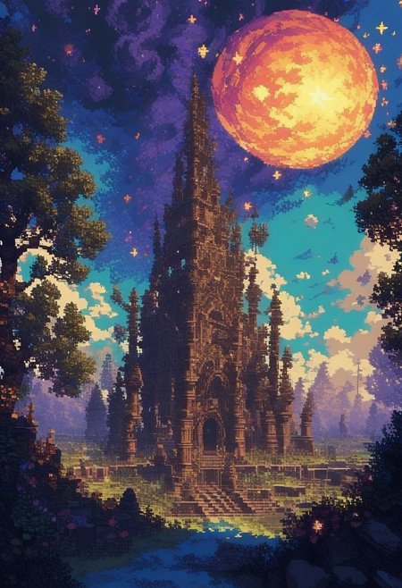 score_9, score_8_up, score_7_up, enchanting pixel art landscape, (ethereal:1.3) colors, (dreamy:1.2) atmosphere, whimsical trees, floating islands, sparkling stars, soft glow, by (Yoshitaka Amano:1.4), intricate details, vibrant palette, serene mood.  d3p1x3l, pixel art,