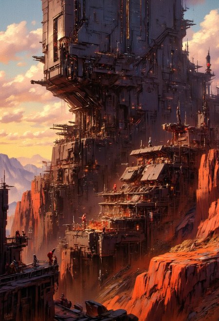 in the style of ck-sfc, an amoured mega-fortress, with obsidian black gleaming walls, towers and gun emplacements, standing guard over a mountain pass, sihoetted at sunset, directional lighting, red, orange and black colour scheme