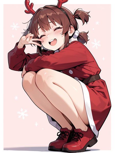 masterpiece, best quality, good quality, very aesthetic, absurdres, newest, 1girl, blush, brown hair, closed eyes, dress, fake antlers, full body, long sleeves, open mouth, red dress, short twintails, solo, squatting, teeth, twintails, upper teeth only, v, <lora:ponyv5_noobE11_1_adamW-000013:0.7> <lora:MeMaXL4:0.4> <lora:namukijpg_ill:1>