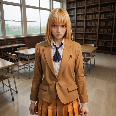 cinematic film still,score_9,score_8_up,score_7_up,masterpiece,best quality,8k,
<lora:Midorikawa_Hana:0.8> , midorikawa hana, solo, brown eyes, blonde hair, orange hair, school uniform, brown blazer, collared shirt, orange skirt, angry, 
 <lora:0859 library_v1_pony:1> , ruanyi0859,library, window,