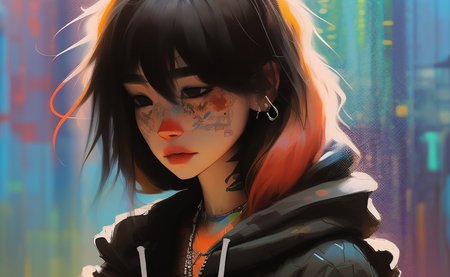 samdoesarts; full shot of a woman wearing a hoodie standing, cargo pants,  city street, raining , colourful makeup, long colorful hair with bangs, tattoos, urban  by Jeremy Mann, matth�us merian the elder, Pino Daeni, robert rauschenber, by beksinski
