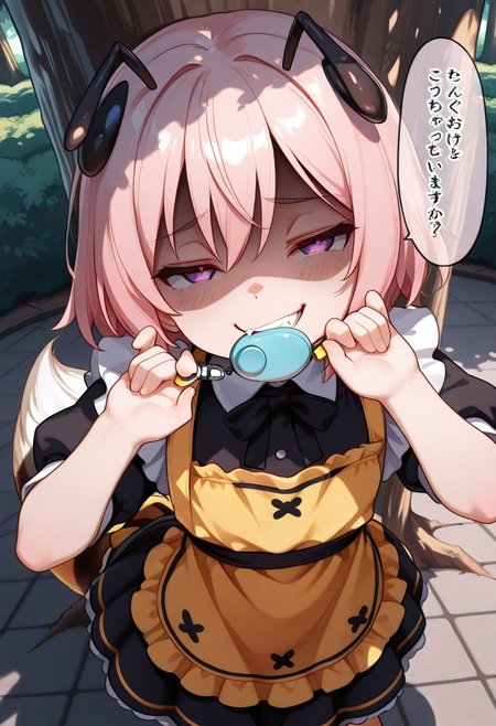 masterpiece, BEST QUALITY, solo, aged down,
short body, short hair, round face,
short limb,
looking up,
tilted head,
under tree,
shadows from tree canopy on her,
sunny day,
CivChan, purple eyes, pink hair, arranged maid outfit,
flat breasts, park, from above, shaded face, (smug:1.2), head tilt,
open eyes,
Bee girl mixture costume,
bee tail. bee wing,
yellow and black stripe apron
cpbt
folded elbow,
1 crime prevention buzzer holding below her chin,
pulling gesture,
clenched teeth,
(biting  one strap of buzzer with her mouth:1.3)
unholy-aesthetic
BREAK
2.5D REALISTIC
ABSURDRES
AMAZING QUALITY
BALANCED HISTGRAM on subject
CONTRAPPOSTO
LOW-KEY HISTGRAM ON BG
NEWEST
PERSPECTIVE
SOLO FOCUS
ULTRA DETAILED EYES, EYE HIGHLIGHTS
ULTRA DETAILED FACE
VERY AESTHETIC
very awa
(simple speech bubble beside her face:1.4)
(asking buzz at speech bubble with white letter as "need buzz?":1.4)