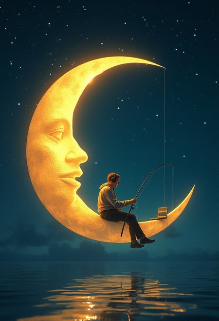 Generate an image depicting a gilded crescent moon, while its bright center symbolizes the resilient spirit within her. Nestled within the moon's curve is a miniature screen, A figure is fishing, wearing headphones and listening to music while fishing, his leg hanging on edge of moon and winding rivers, representing the one she carries within her. The moon is suspended against a backdrop of a starry night sky,