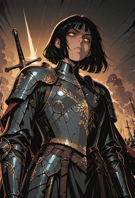 embedding:IllusP0s, codex sss chroma
1girl, solo, dutch_angle, from_below, low_angle, knight, armor, cape, sword_on_back, battlefield, determined, annoyed, angry, serious, piercing_gaze, confident, glowing_eyes, yellow_eyes, bob_cut, black_hair, battle-worn, damaged_armor, scratched, bruises, tattered_cape, wind, flowing_cape, flowing_hair