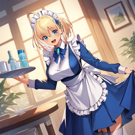 1girl, solo, sophia-f-shirring, 1girl, blonde hair, breasts, solo, blue eyes, maid, apron, maid headdress, looking at viewer, ahoge, thighhighs, smile, tray, dress, open mouth, long sleeves <lora:Sophia_F_Shirring:1>, score_9, score_8_up, score_7_up, score_6_up, source_anime,