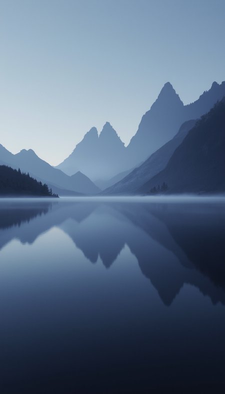 cinematic light, dramatic light, shallow depth of field, high budget, bokeh,  
 by Stephen Shore, by Christopher Balaskas, by Jerzy Duda-Gracz , aesthetic, harmonic, artistic, creative, esthetic. magnificent, This image is a digital artwork depicting a tranquil, minimalist mountain landscape. The scene features a series of jagged peaks with sharp edges, rendered in muted charcoal gray tones. The mountains are arranged diagonally from the lower right corner towards the upper left, creating a sense of depth and scale. The background transitions from a deep midnight navy at the top to a soft, pale blue near the horizon, suggesting early dawn light. In the foreground, a calm lake reflects the mountain silhouettes in muted charcoal and soft lilac hues, its surface smooth and undisturbed. Mist rises gently from the water, blending seamlessly with the lavender sky. The overall style is minimalist and abstract, emphasizing stark contrasts and clean lines to evoke a feeling of quiet isolation and introspective calm..  .

 An otherworldly atmosphere.. 
(Depth of field), low saturation,detail. mythp0rt Stylish, charismatic. , .
,,. .

.,, hyperrealistic, 4K ,.,

 Otherworldly atmosphere.
(Depth of field), low saturation,detail. SCI_FACTOR_CORE, UNI_SCI_FI_CORE