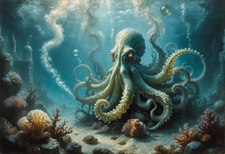 An intricate details, detailed realisti texture, best quality art by (petrus van schendel) (Hans Larwin) and (dorian cleavenger),  (luis royo), a underwater, clear water, water bubbles, steam vent, coral reef, seashell, seaweed, leviathan tentacle monster creature, cthulhu (kraken) with tentacles, underwater atlantis (ancient ruins) in the distance,<lora:Kodak Motion Picture Film Style v4:1> <lora:add_detail:0.8> <lora:aesthetic:0.8> <lora:LaxpeintXL-2.0:0.5> <lora:extremely_detailed:0.5> <lora:Desolation:0.3>
