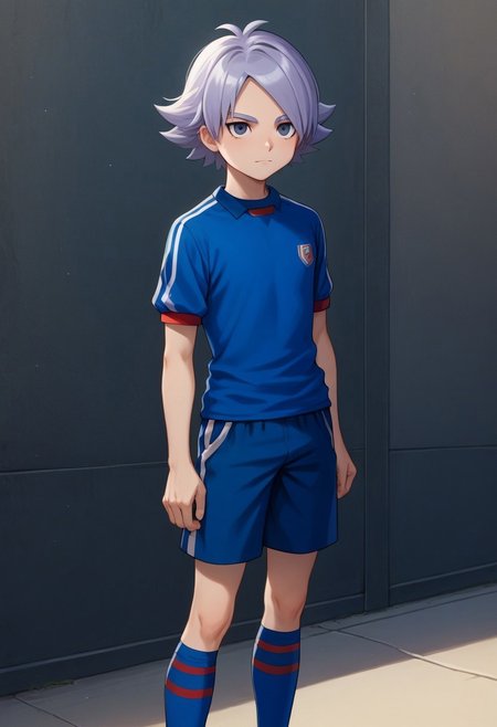 score_9, score_8_up, score_7_up, source_anime, highly detailed, 

fubuki, 1boy, male focus, solo, grey hair, grey eyes, sportwear, soccer uniform, orion soccer uniform, shirt, dark blue shirt, short sleeves, shorts, blue shorts, socks, blue socks, slender, skinny,

outdoor,