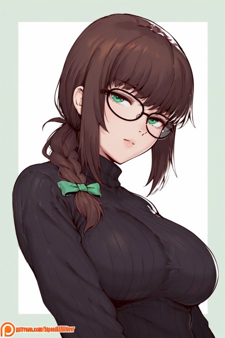 {{amazing quality, best quality, high quality, very aesthetic}}, 1girl, solo, simple background, brown hair, single braid over shoulder, green eyes, glasses, large breasts, black sweater, turtleneck, expressionless
 <lora:Speedl00ver_Style:1>