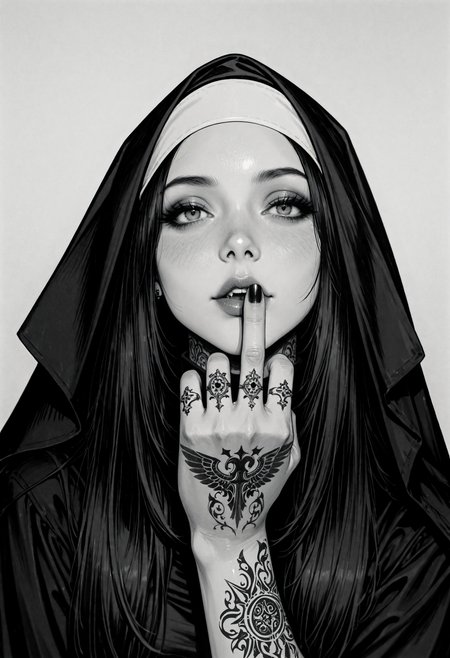 8K, masterpiece, high resolution, depth of field, detailed line work, best quality, amazing quality, newest, focused subject, phenomenal aesthetic, hyper-realistic, photo realistic, realistic eyes, detailed eyes, BREAK, MILF, sassy and confident expression with a sharp gaze, nun, veil, bandeau, coif, closed black dress, black hair, long hair, straight hair, eyeshadow, sharp eyeliner, tattooed hand, metal tattoo, sharp nail, black nail, putting a middle finger to the lips, signalling to be quiet, BREAK, headshot photo, monochrome, face view, straight photo, film grain, centered symmetrical, studio quality, white blank background