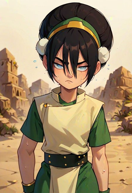 Toph, Blind, bun cover, hair bun, earth nation clothing
In the desert, oasis, bored facial expression, sweating, 
flat color, fca style, toon \(style\), 2d,score_9, cartoon art style, chibi, accurate art style, score_8_up, score_7_up, score_6_up